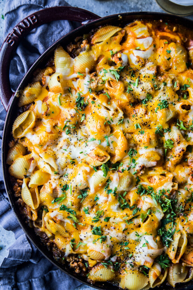 Buffalo Chicken Chili Pasta Skillet