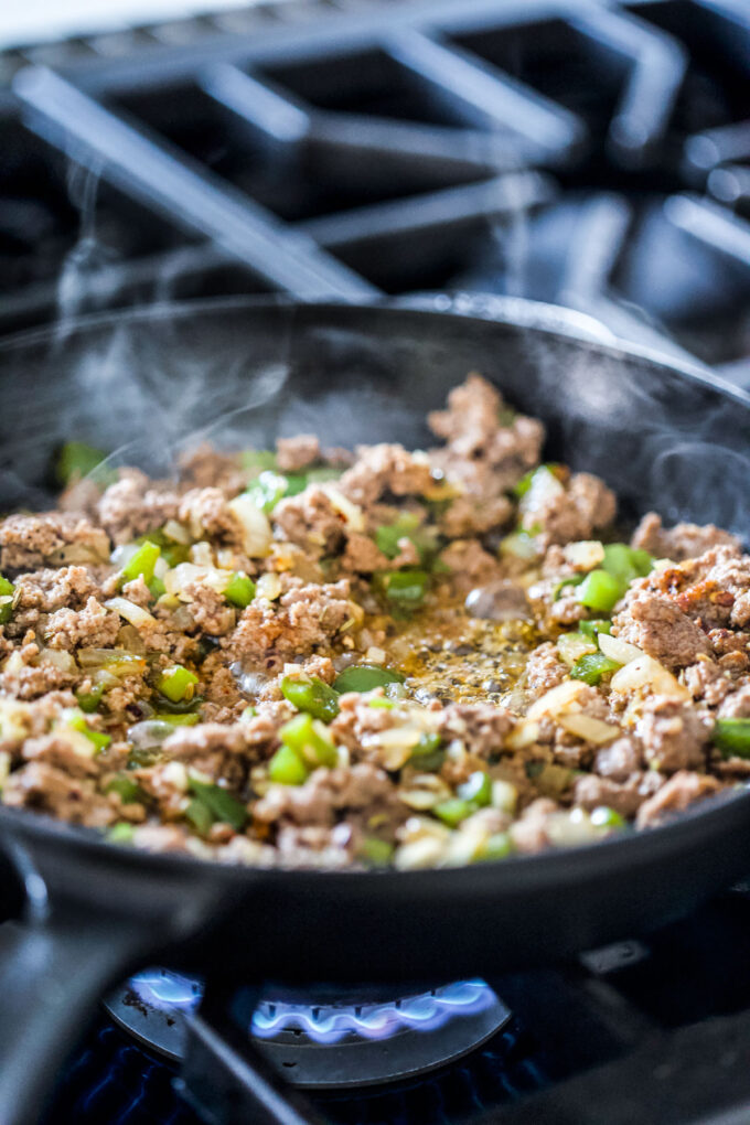 ground lamb in a skillet