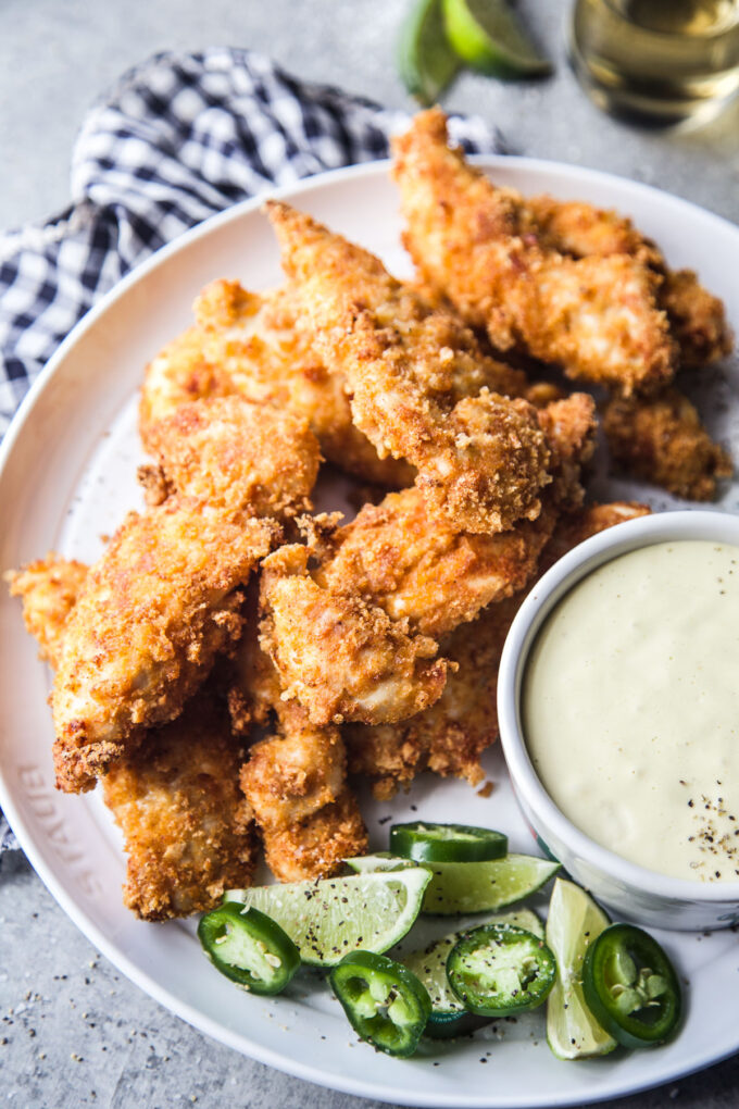 Air Fryer Chicharron Chicken Tenders with Green Chili Dipping Sauce
