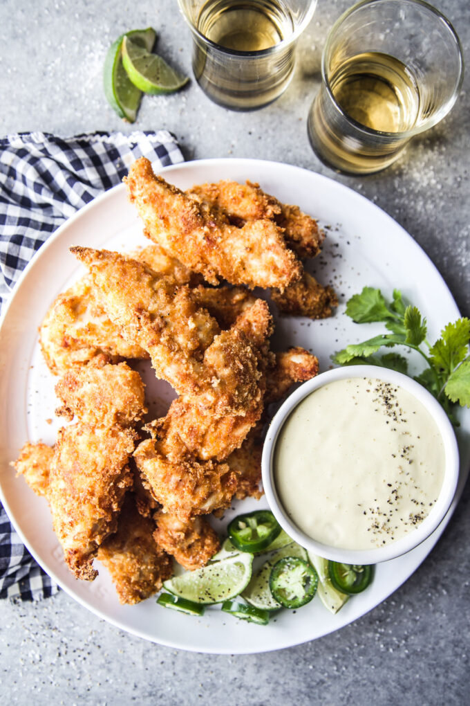 Air Fryer Chicharron Chicken Tenders with Green Chili Dipping Sauce