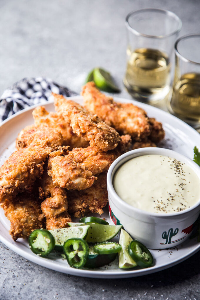 Air Fryer Chicharron Chicken Tenders with Green Chili Dipping Sauce
