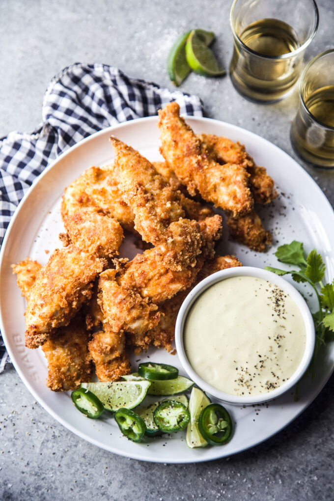 Air Fryer Chicharron Chicken Tenders with Green Chili Dipping Sauce