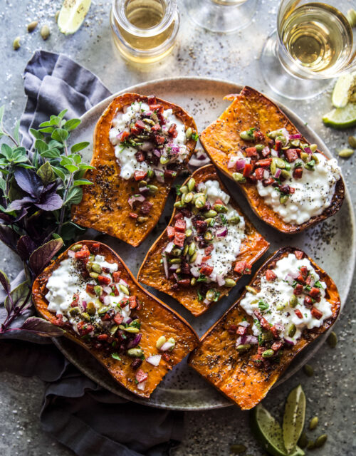 Roasted Honeynut Squash with Cottage Cheese & Chorizo Crisp